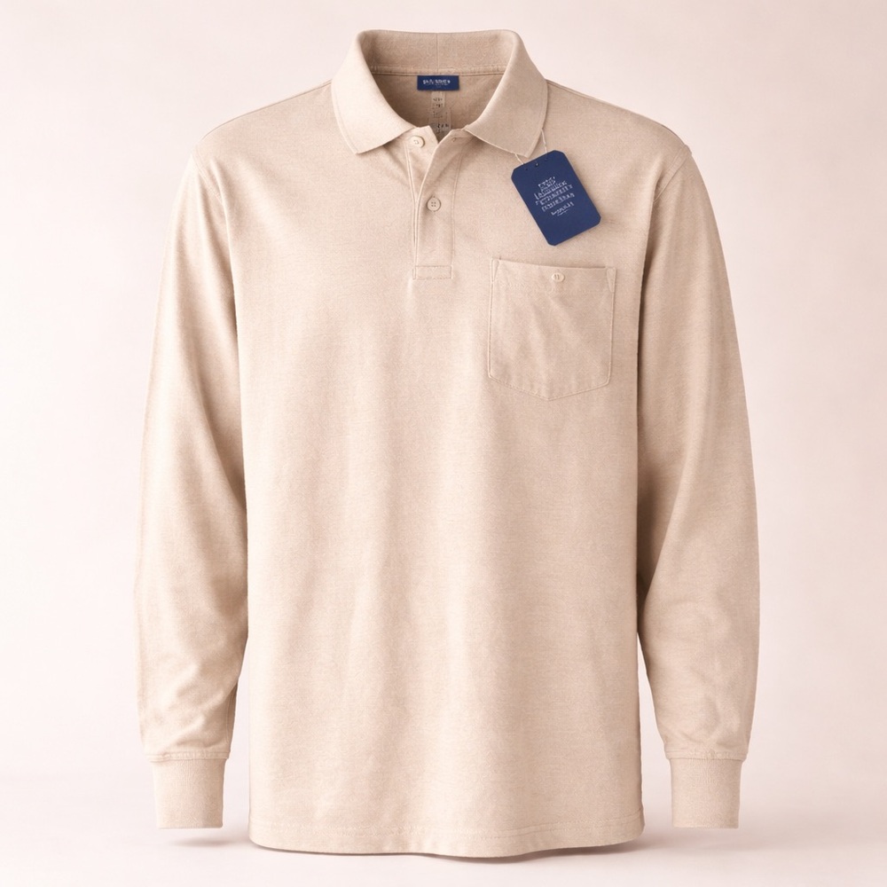 ❄️NWT John Ashford 100% Cotton Polo Shirt L Beige Long Sleeve Classic Fit